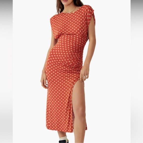 Free People Dresses & Skirts - Free People Lakeside Dress Women’s XS Heart Printed Slit Midi Orange W